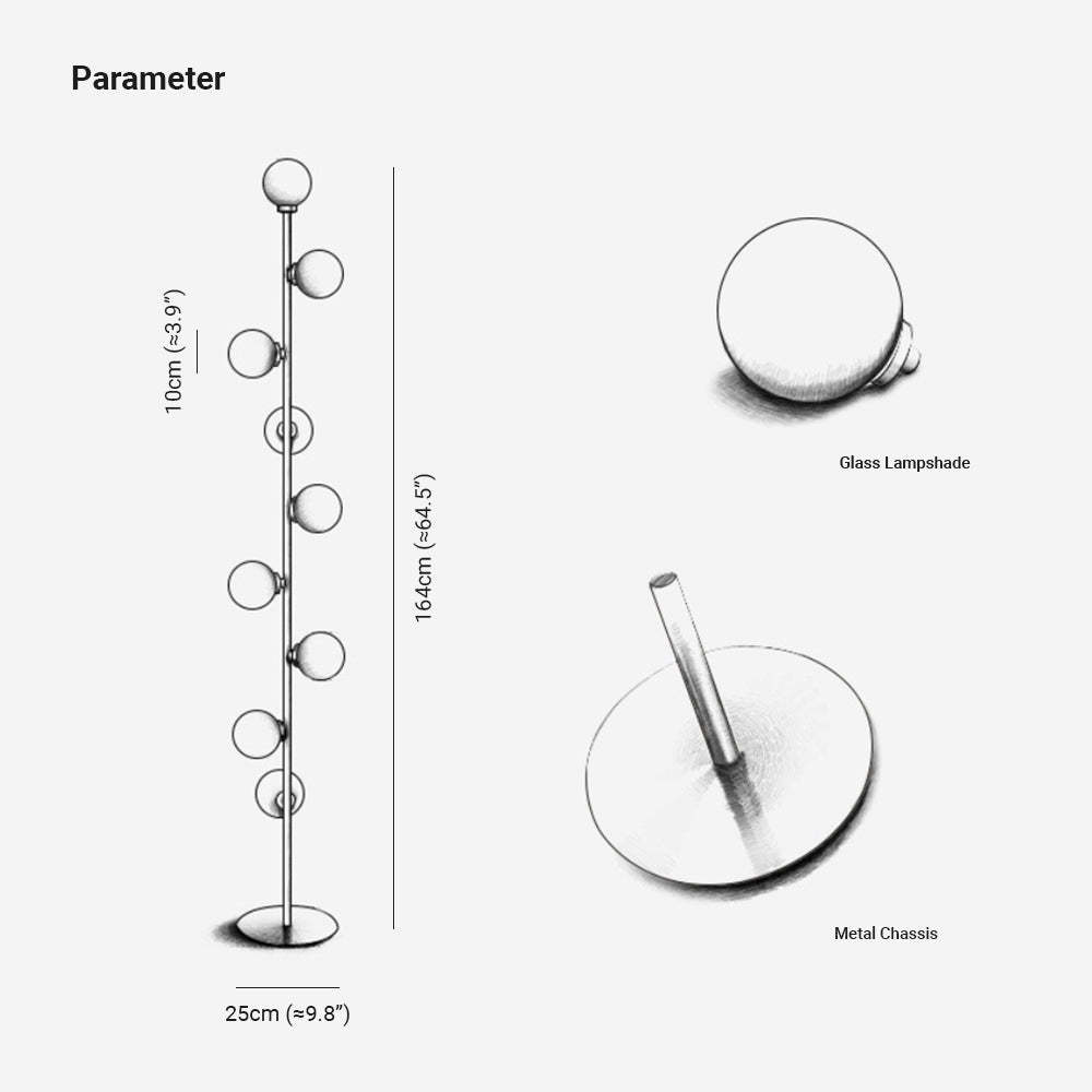 Valentina floor lamp dimensions and components, glass lampshade