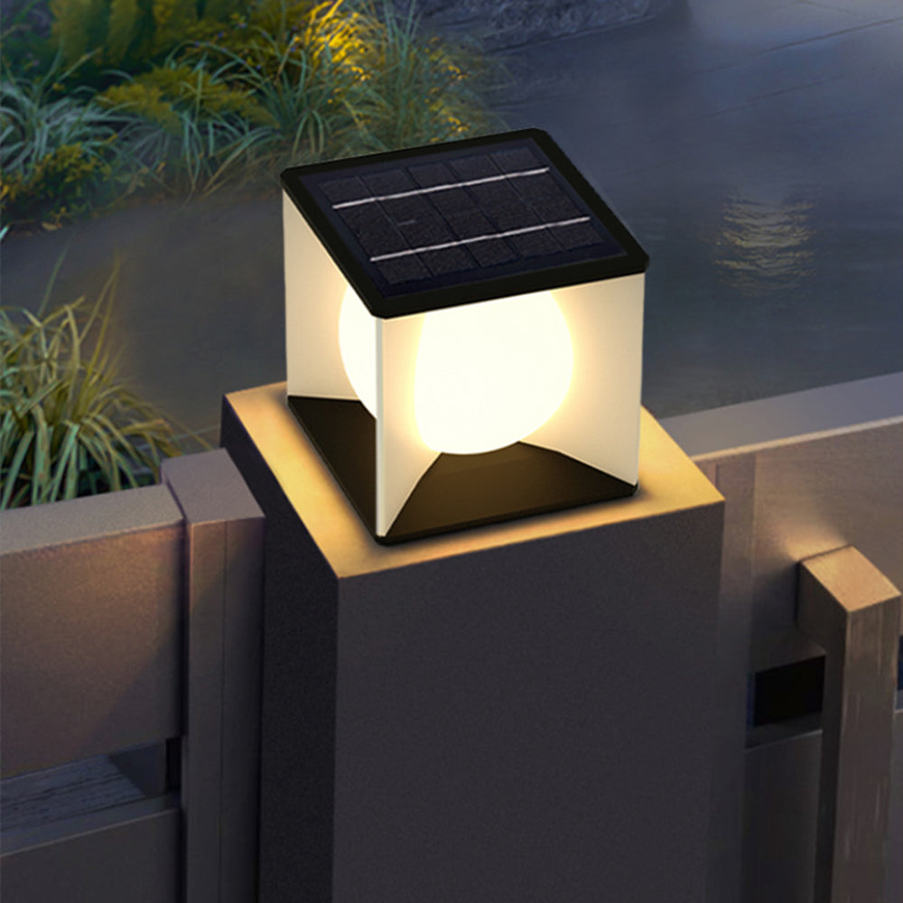 Modern Moon Pillar Light. Solar powered outdoor lighting.