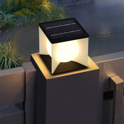 Modern Moon Pillar Light. Solar powered outdoor lighting.
