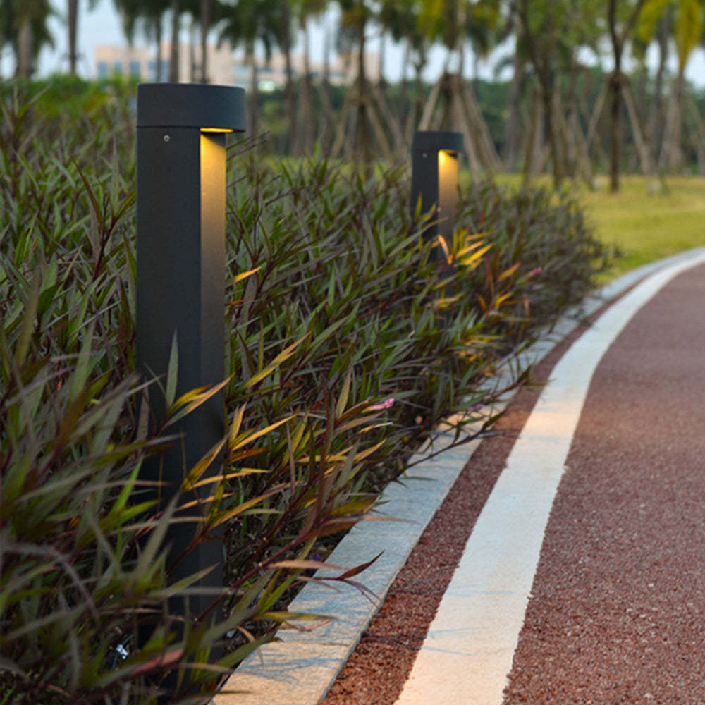 Modern outdoor path lights illuminating a garden pathway