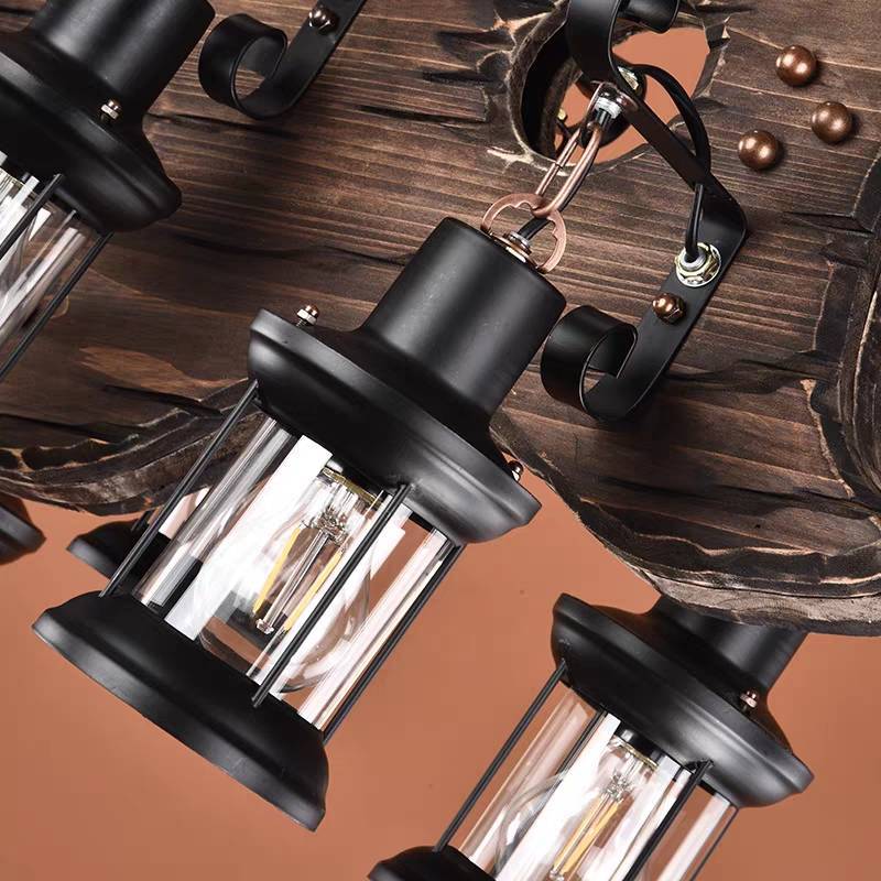 Close-up of Austin Guitar Wood Pendant Light with Lantern Shades