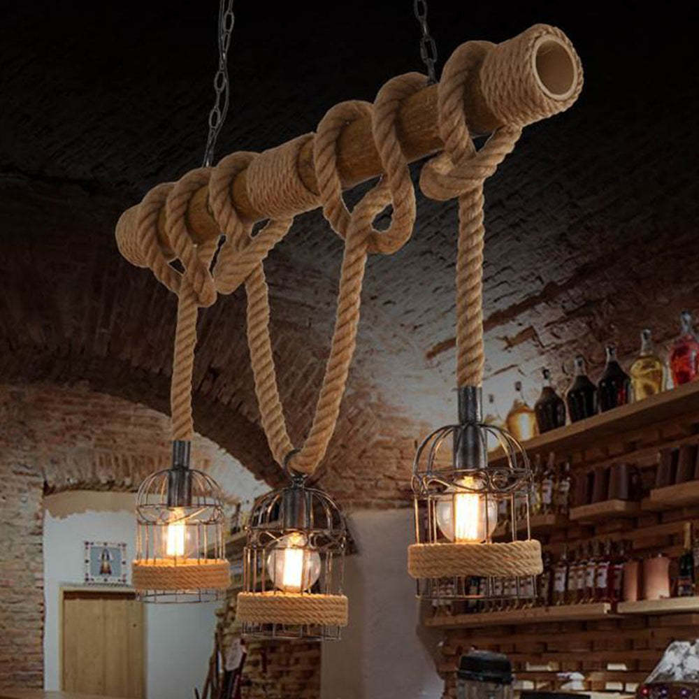 Vintage wood pendant light with rope and metal cage.