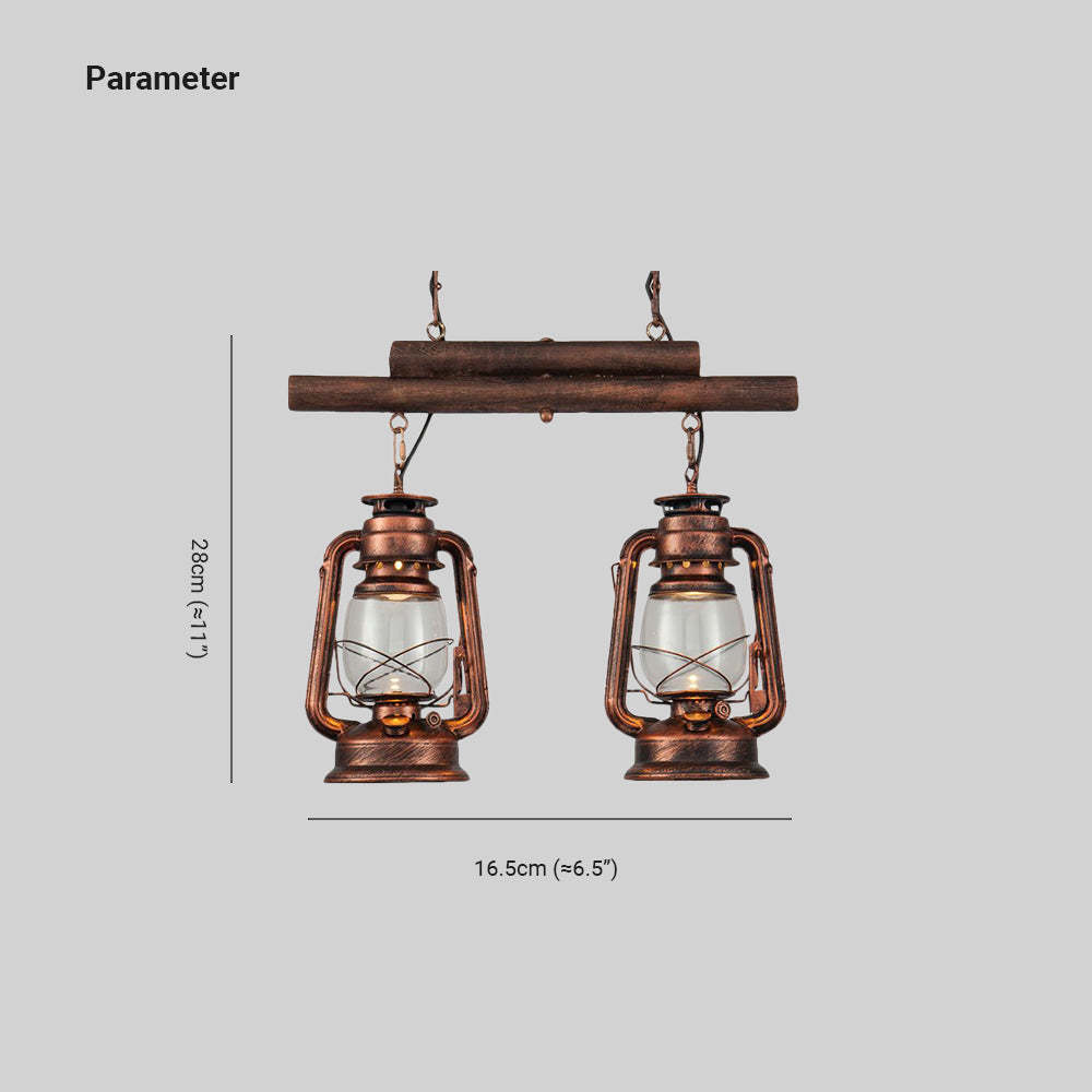 Dimensions of rustic double lantern pendant light, metal and glass.