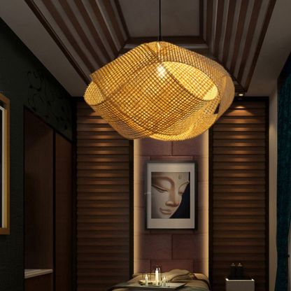 Rattan Pendant Light above bed, bedroom interior