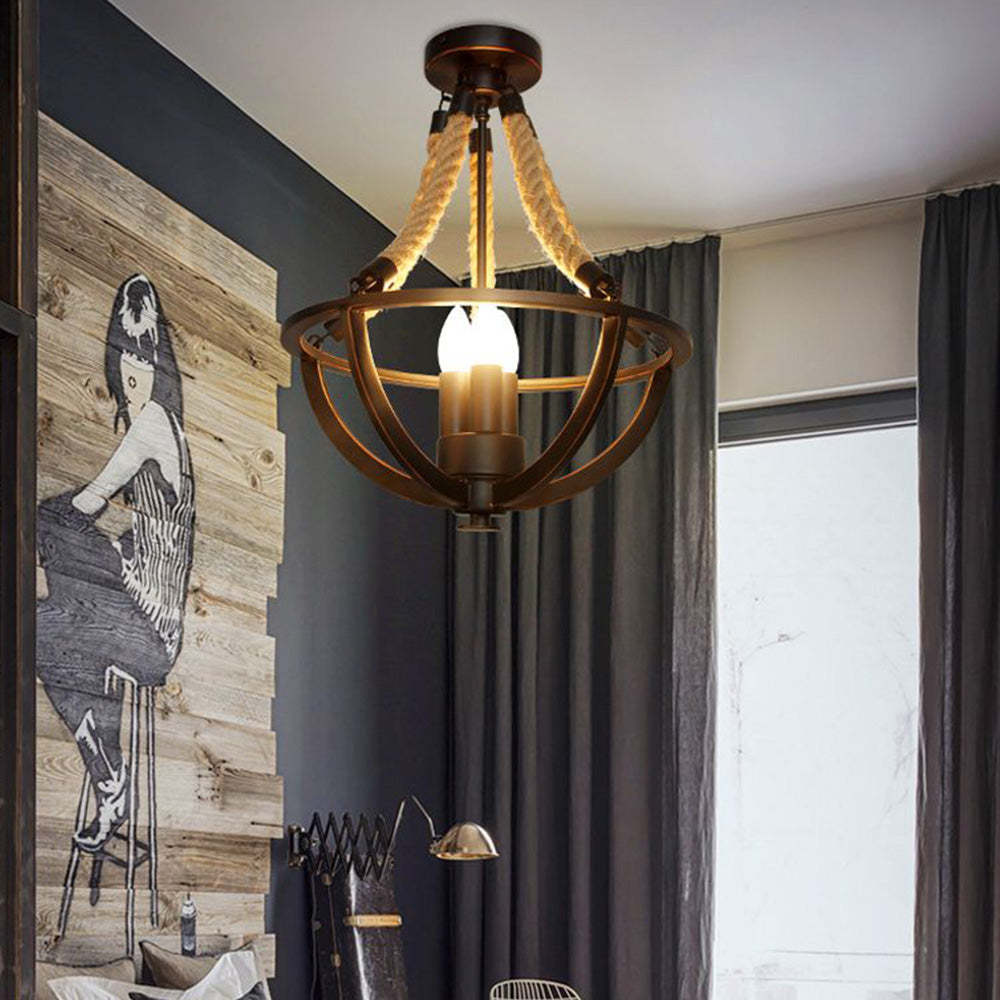 Rustic metal pendant light with rope in living room. Vintage style lighting