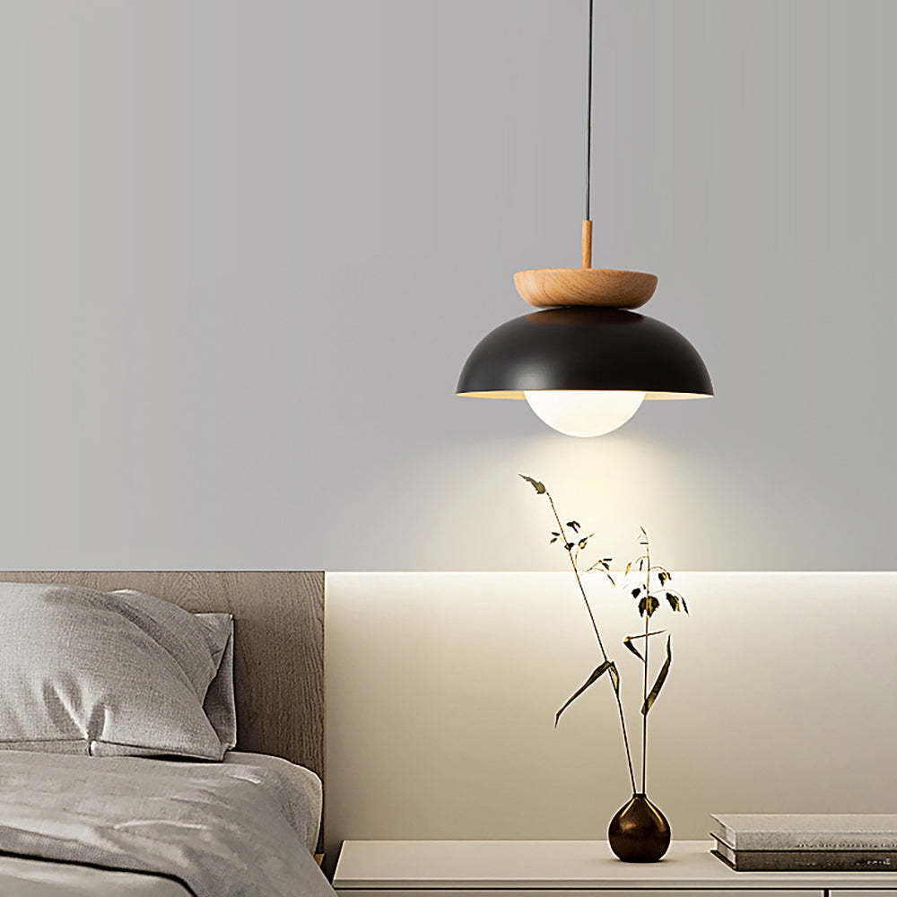 Ozawa Nordic Pendant Light in bedroom setting, wood and metal