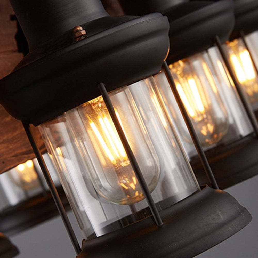Austin Retro Pendant Light: Metal & Wood Fixture close up.