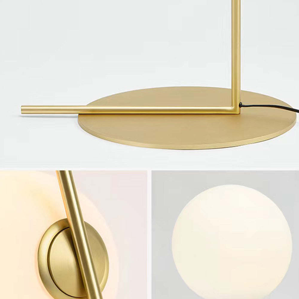 Valentina modern brass floor lamp detail, glass globe shade