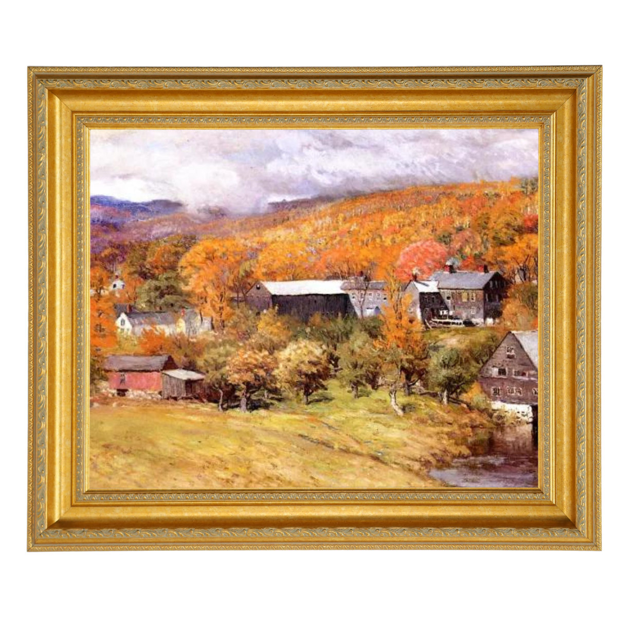 Autumn landscape oil painting in gold frame