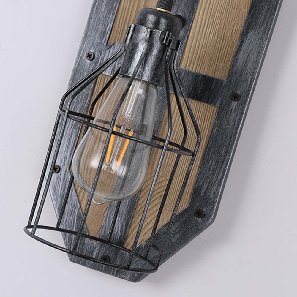 Bird cage wall lamp. Vintage metal and wood sconce.