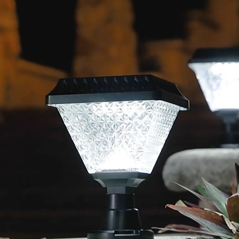 Riley acrylic outdoor floor lamp, geometric pattern.