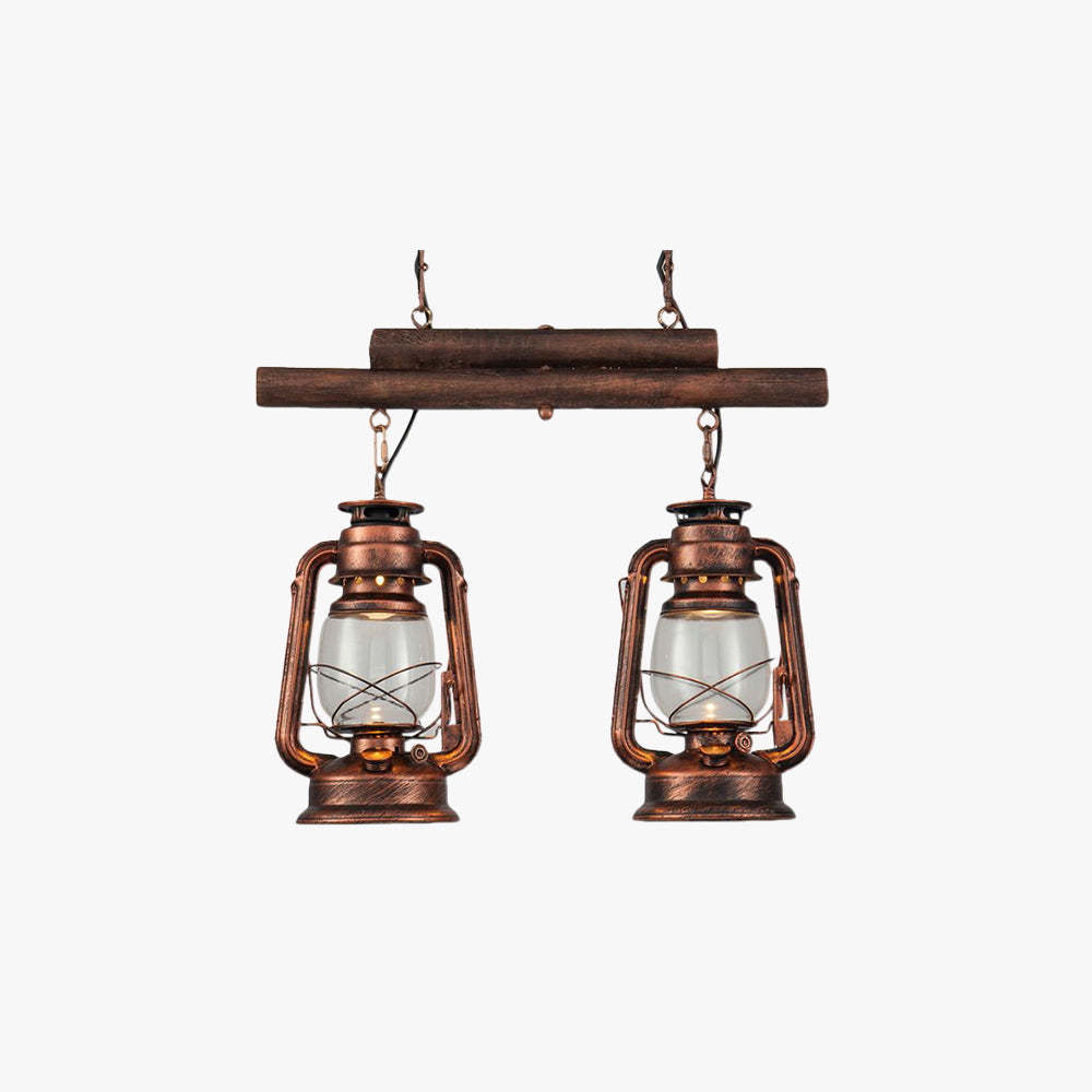 Double lantern pendant light, rustic vintage metal and glass fixture