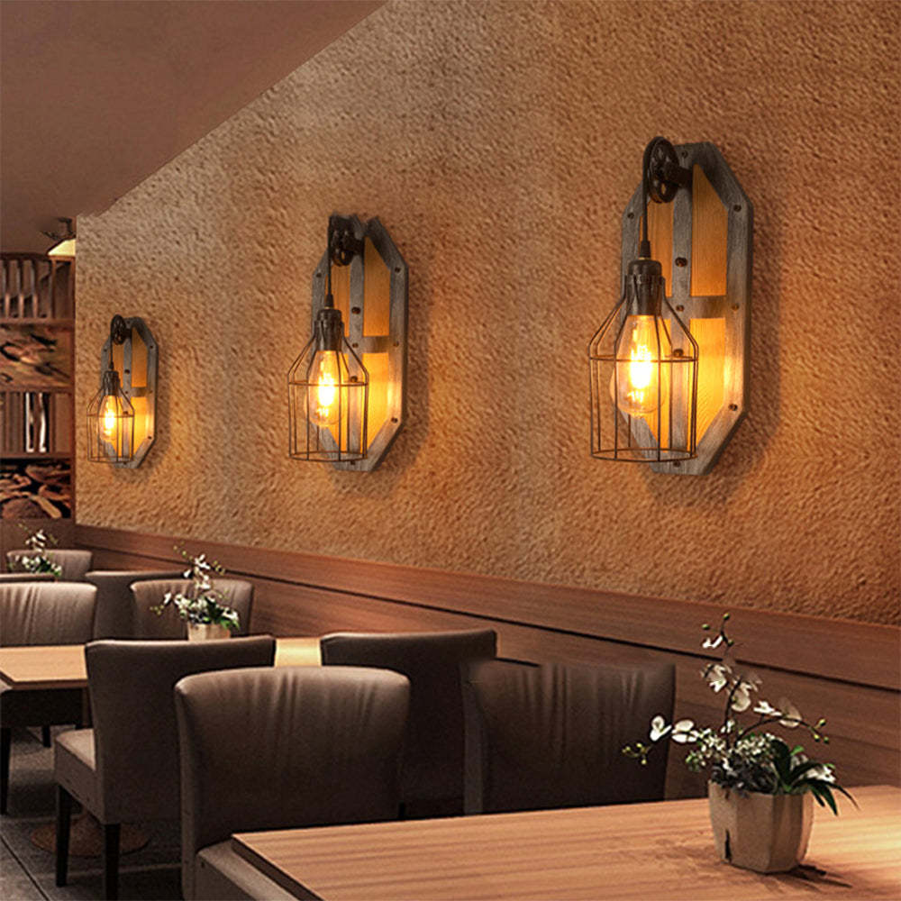 Rustic birdcage wall sconce, wood and metal
