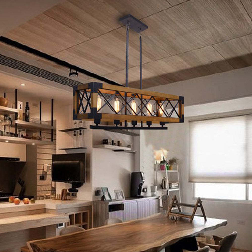 Industrial Cage Pendant Light - Metal & Wood Fixture