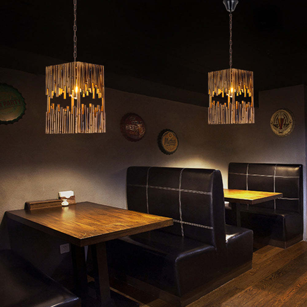 Retro wood pendant lights in restaurant booth.
