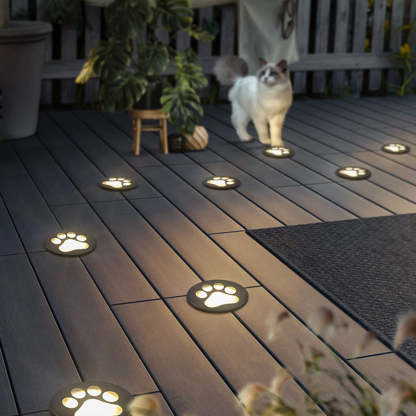 Outdoor deck with Minori cat paw lights and a cat