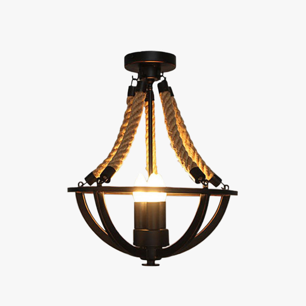 Rustic swag pendant light with metal frame and rope detail