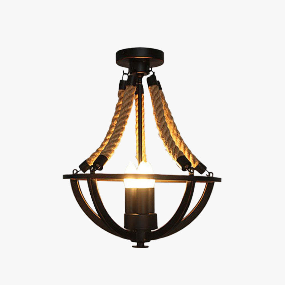 Rustic swag pendant light with metal frame and rope detail