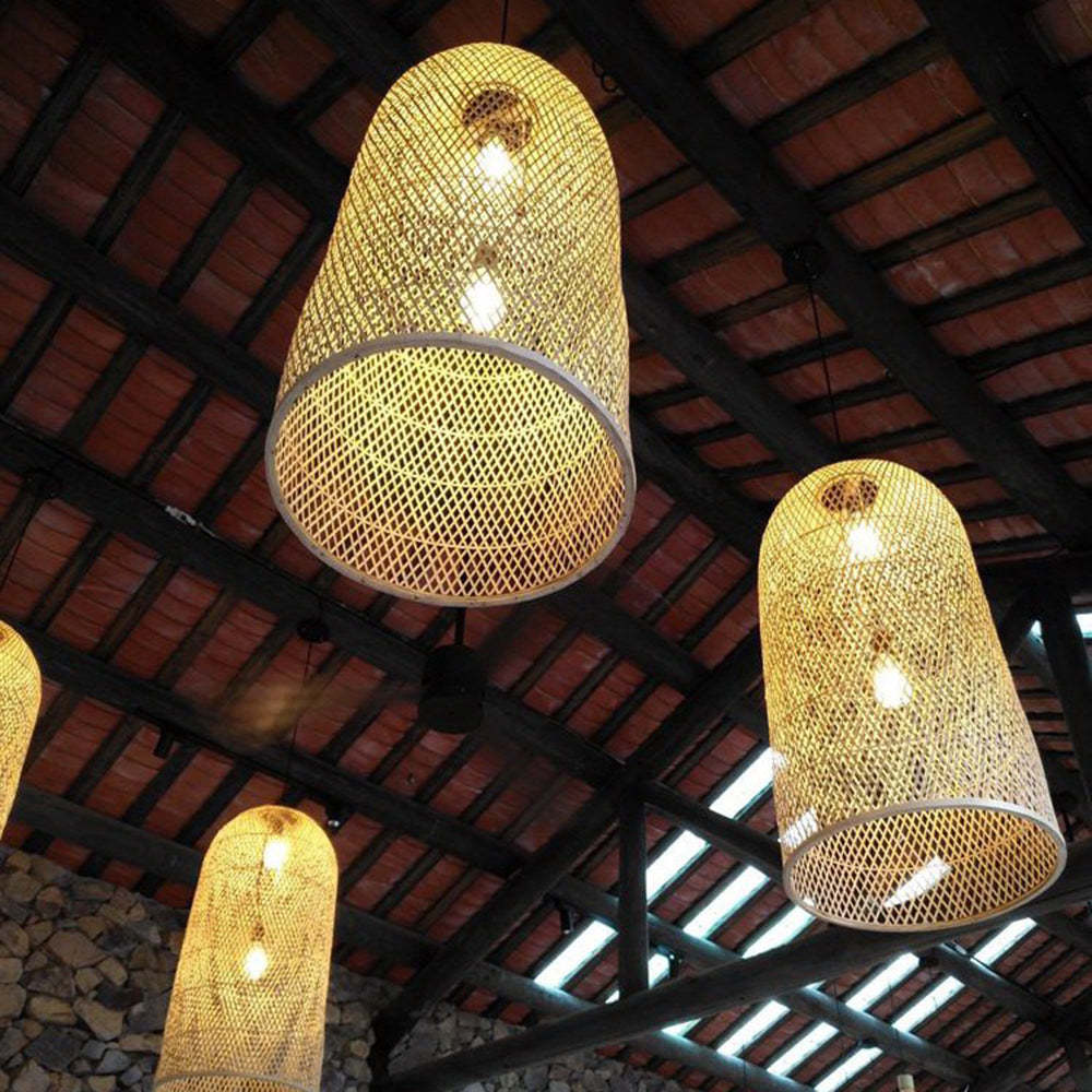 Bamboo pendant lights under a terracotta tiled ceiling