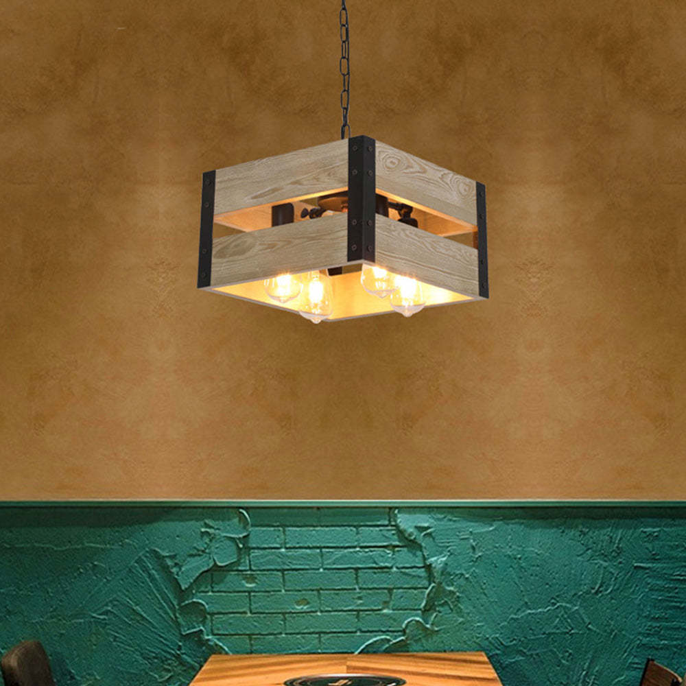 Square wood pendant light in dining space