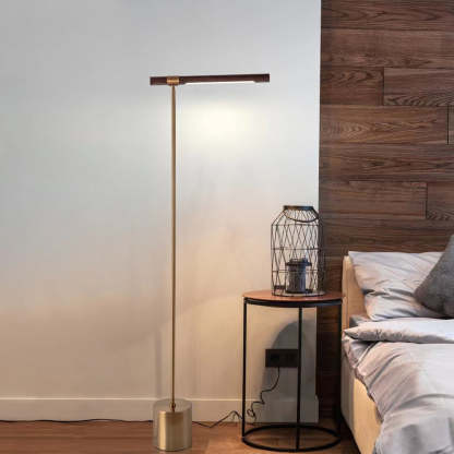 Edge floor lamp in modern bedroom, minimalist lighting