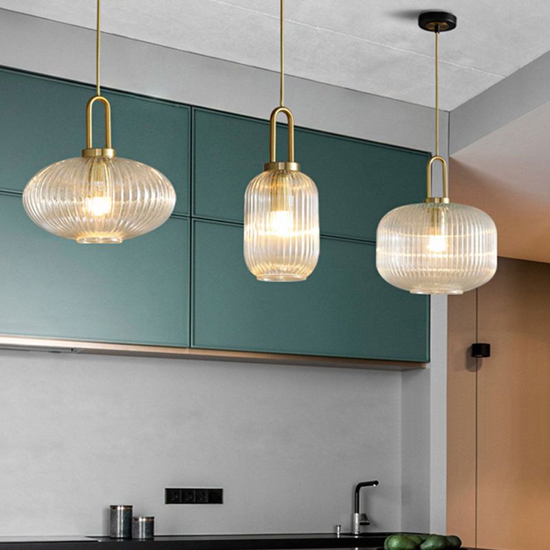 Modern ribbed glass pendant lights in kitchen