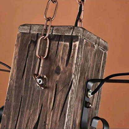 Rustic wood pendant light with metal chain detail