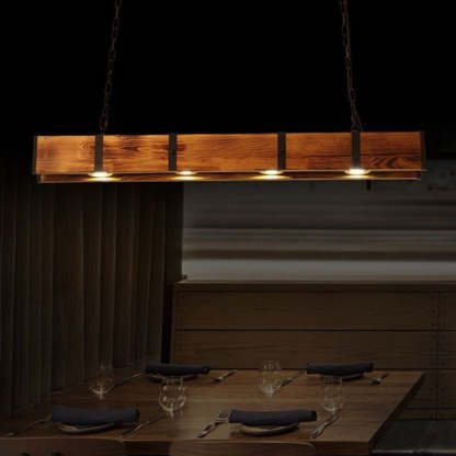 Alessio wood pendant light over restaurant table, vintage lighting