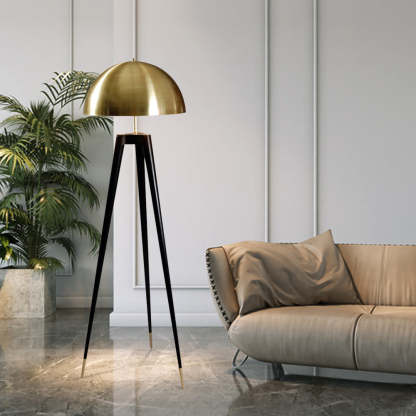Modern metal tripod floor lamp in living room