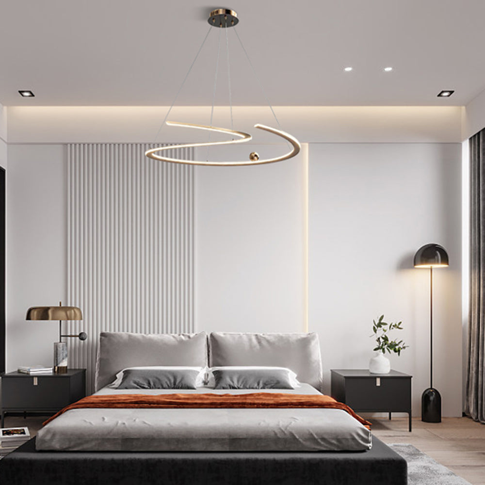 Bedroom featuring minimalist linear metal pendant lighting.