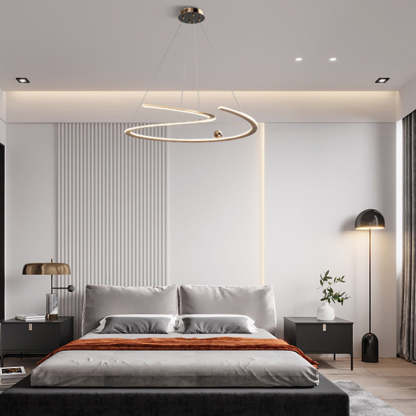 Bedroom featuring minimalist linear metal pendant lighting.