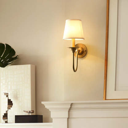 Alessio Vintage Wall Lamp on mantel, fabric shade