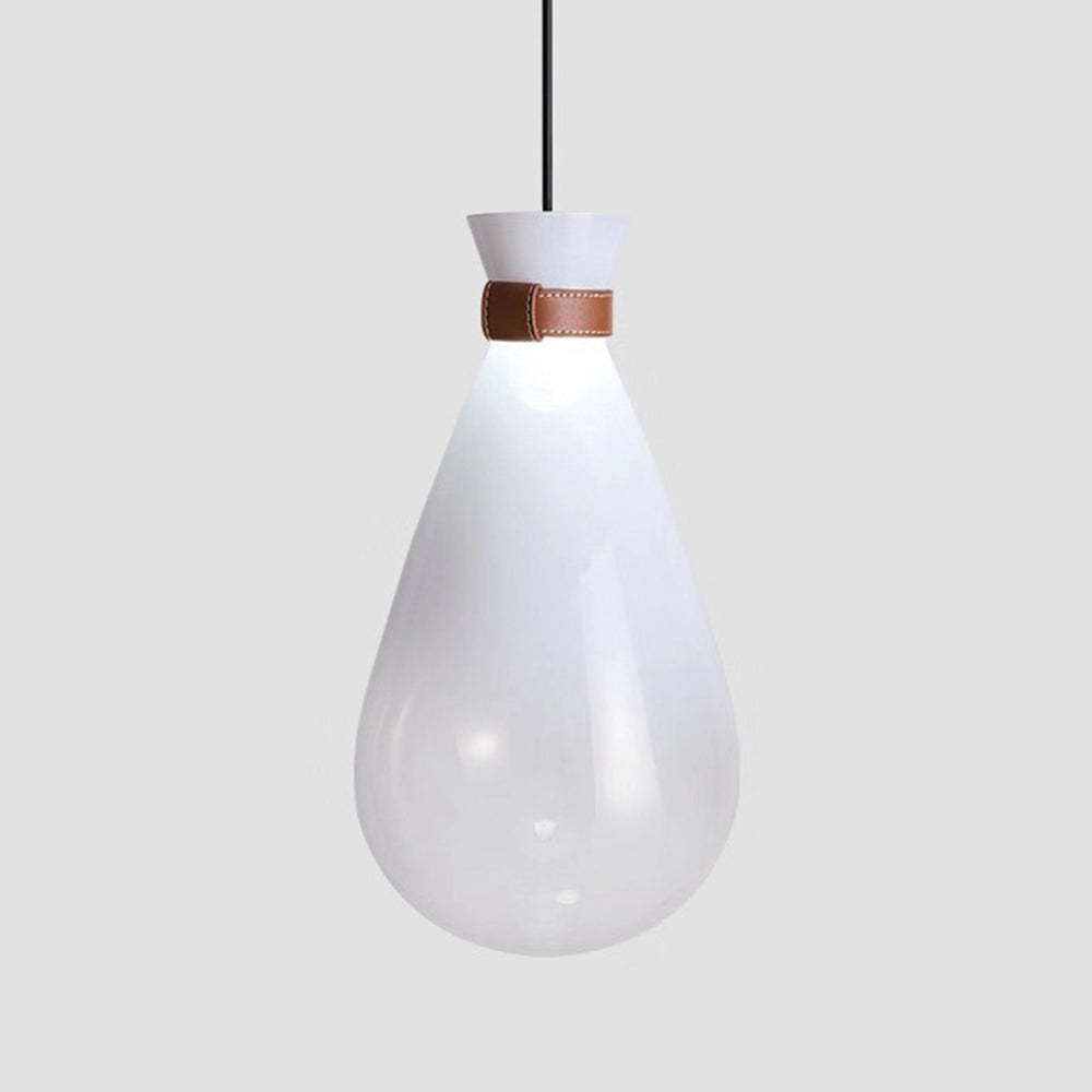 White glass teardrop pendant light with leather detail.