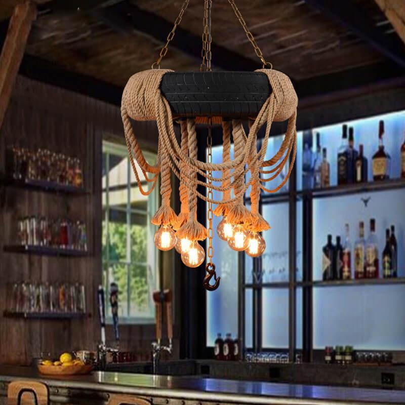Industrial Chandelier with Hemp Rope and Tire
