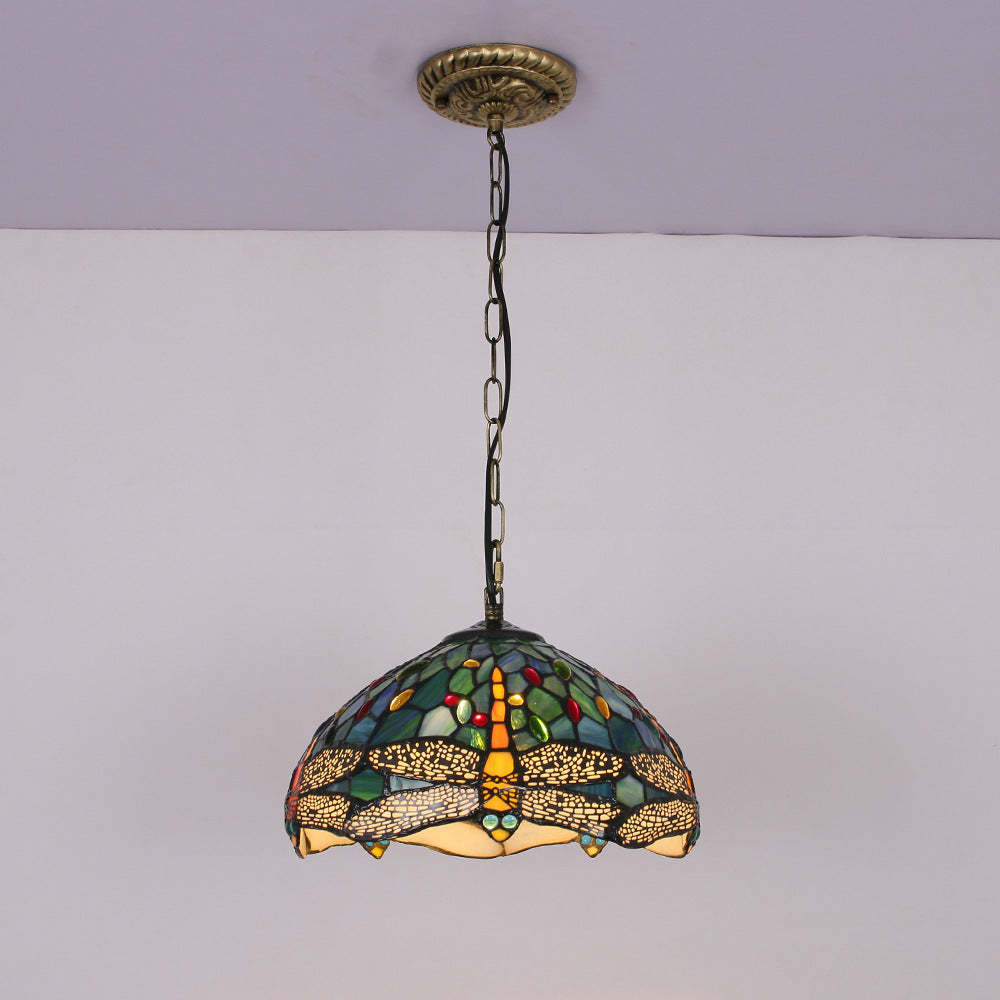 Eryn Vintage Stained Glass Pendant Light with Dragonfly