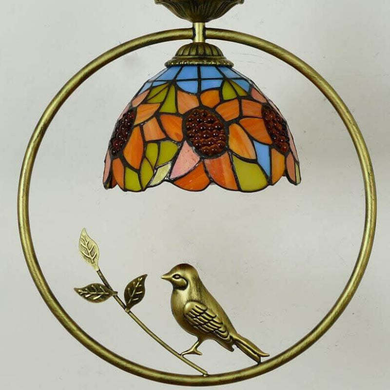 Eryn Cottage Pendant Light, stained glass shade, bird accent