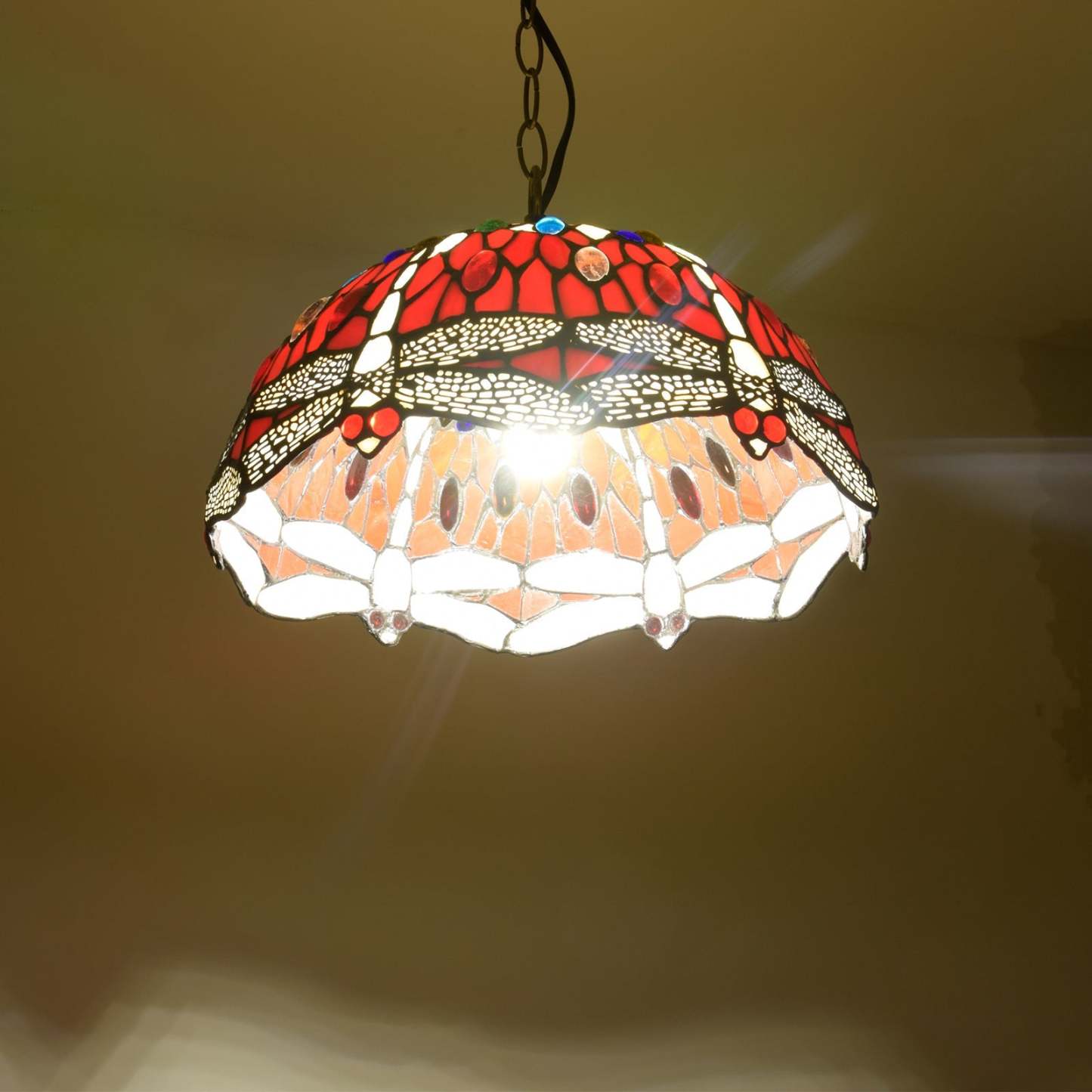 Red stained glass dragonfly pendant light