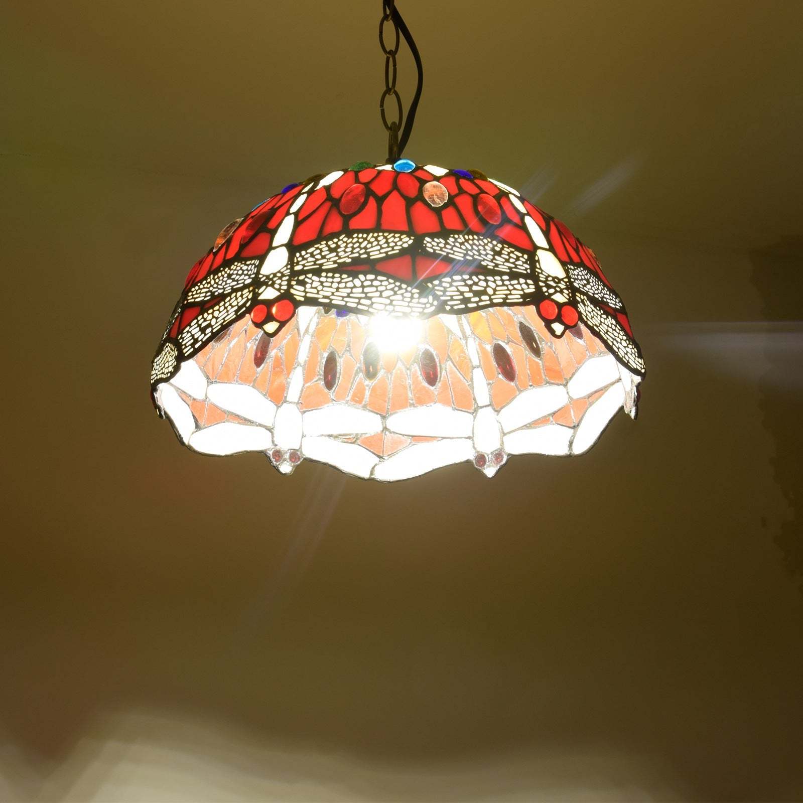 Red stained glass dragonfly pendant light
