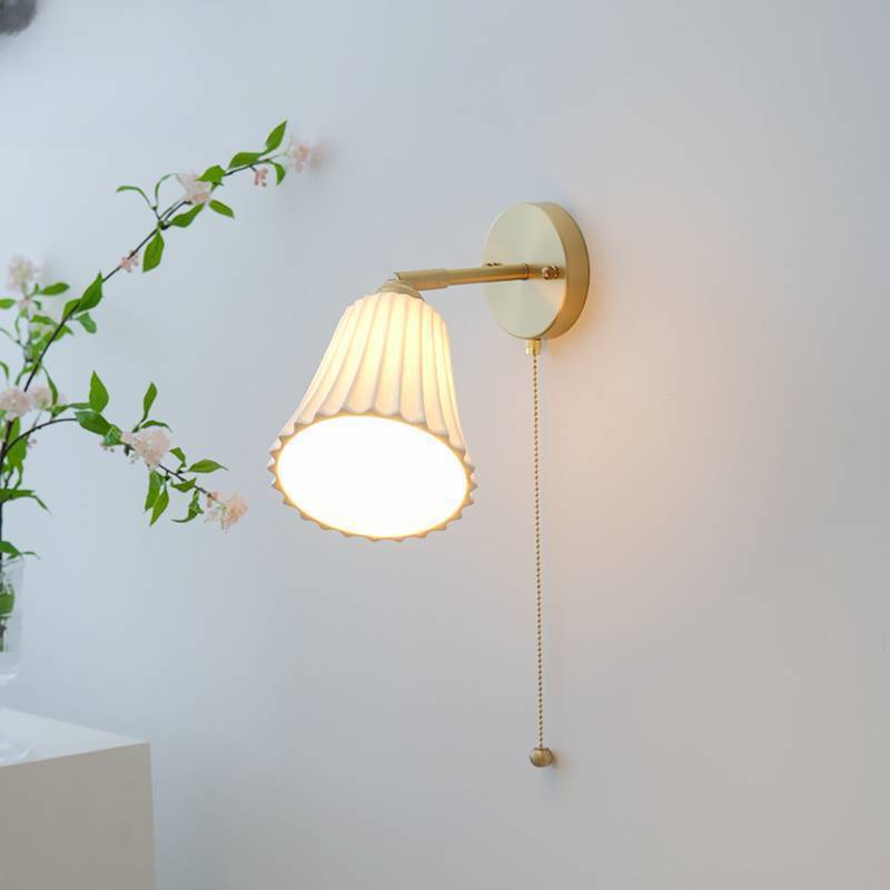 Meza ceramic wall lamp with pull cord, bedroom lighting