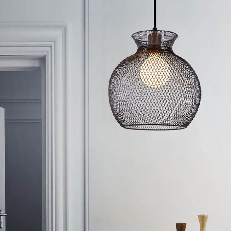 Herbert pendant light, black metal cage design, bedroom lighting