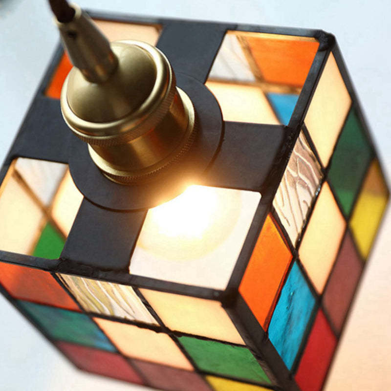 Hailie Retro LED Pendant Light, colorful cube glass shade