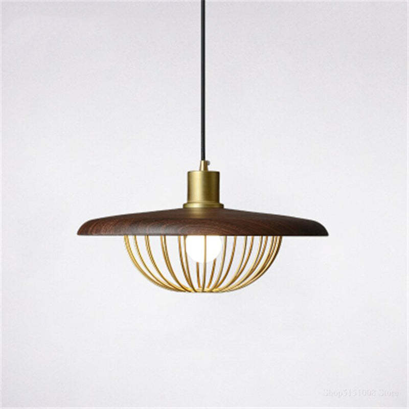Cairns Nordic pendant light: wood, gold metal cage.