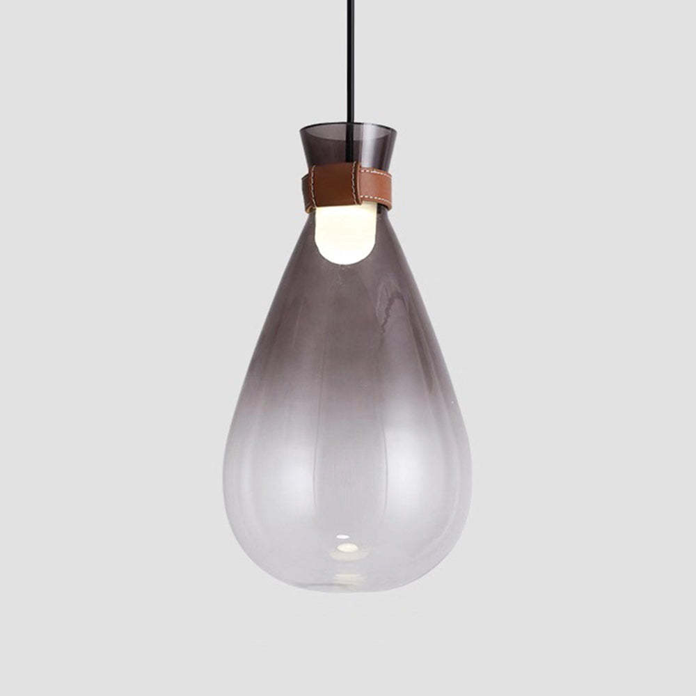 Smoke gray teardrop glass pendant light with leather accent.