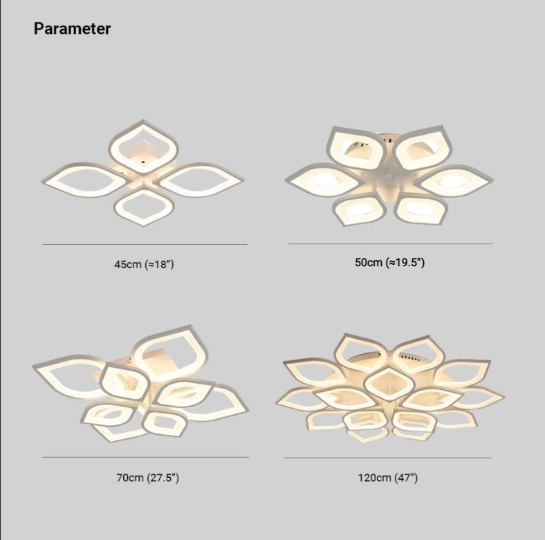 Hana Flush Mount Ceiling Light size options, 4-head, 6-head, 8-head, and 15-head flower lights.