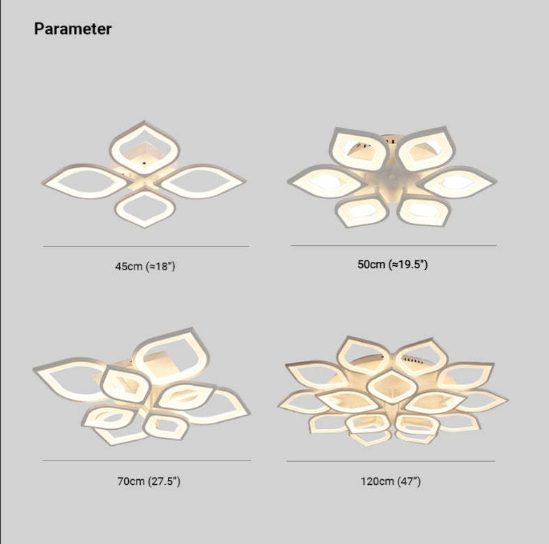 Hana Flush Mount Ceiling Light size options, 4-head, 6-head, 8-head, and 15-head flower lights.