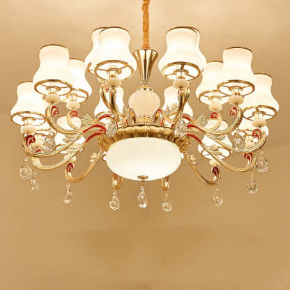 Alessio retro pendant light with gold finish and crystal drops.