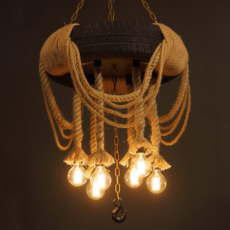 Industrial hemp rope chandelier with tire base