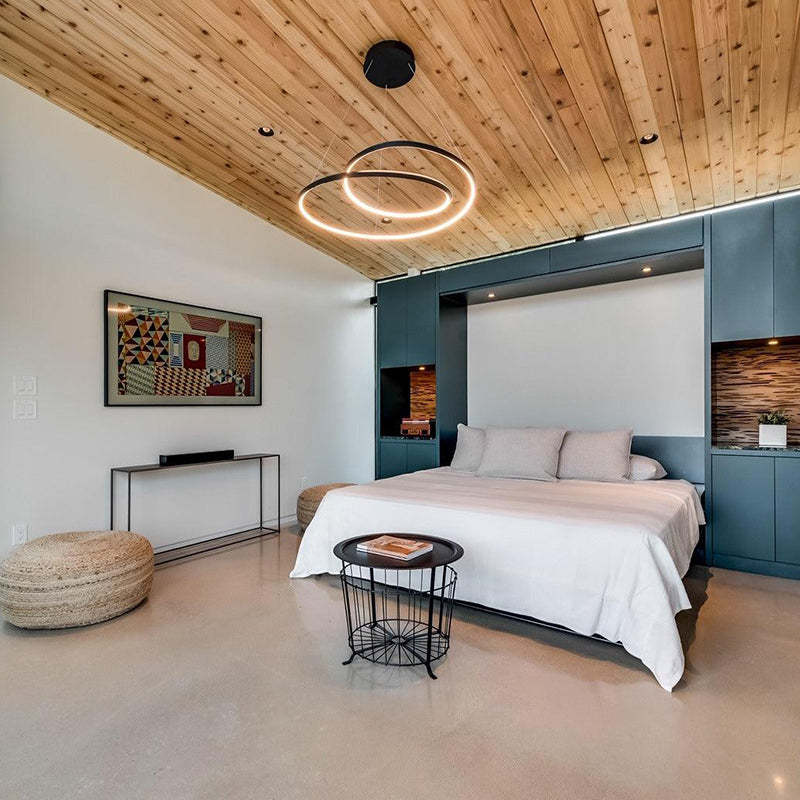 Arisha pendant light in bedroom. Modern lighting by Las Sola.