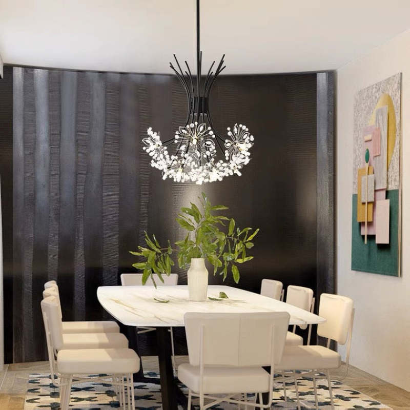 Black Lily Crystal Chandelier over dining table. Art Deco lighting.