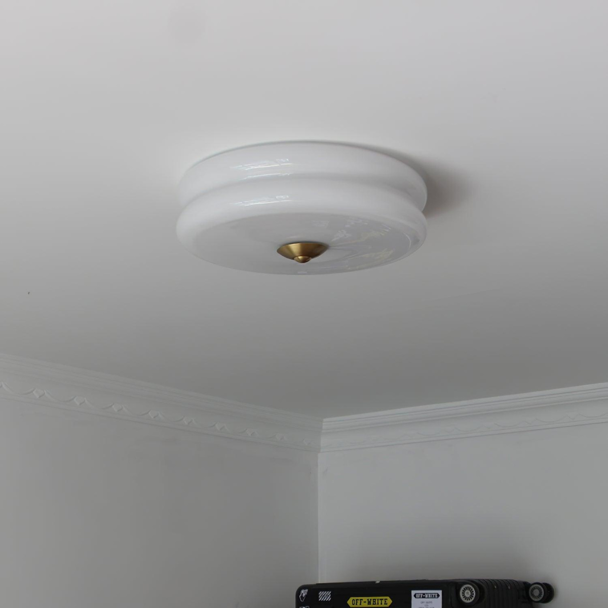 White Morandi Flush Mount Ceiling Light, brass detail, home lighting